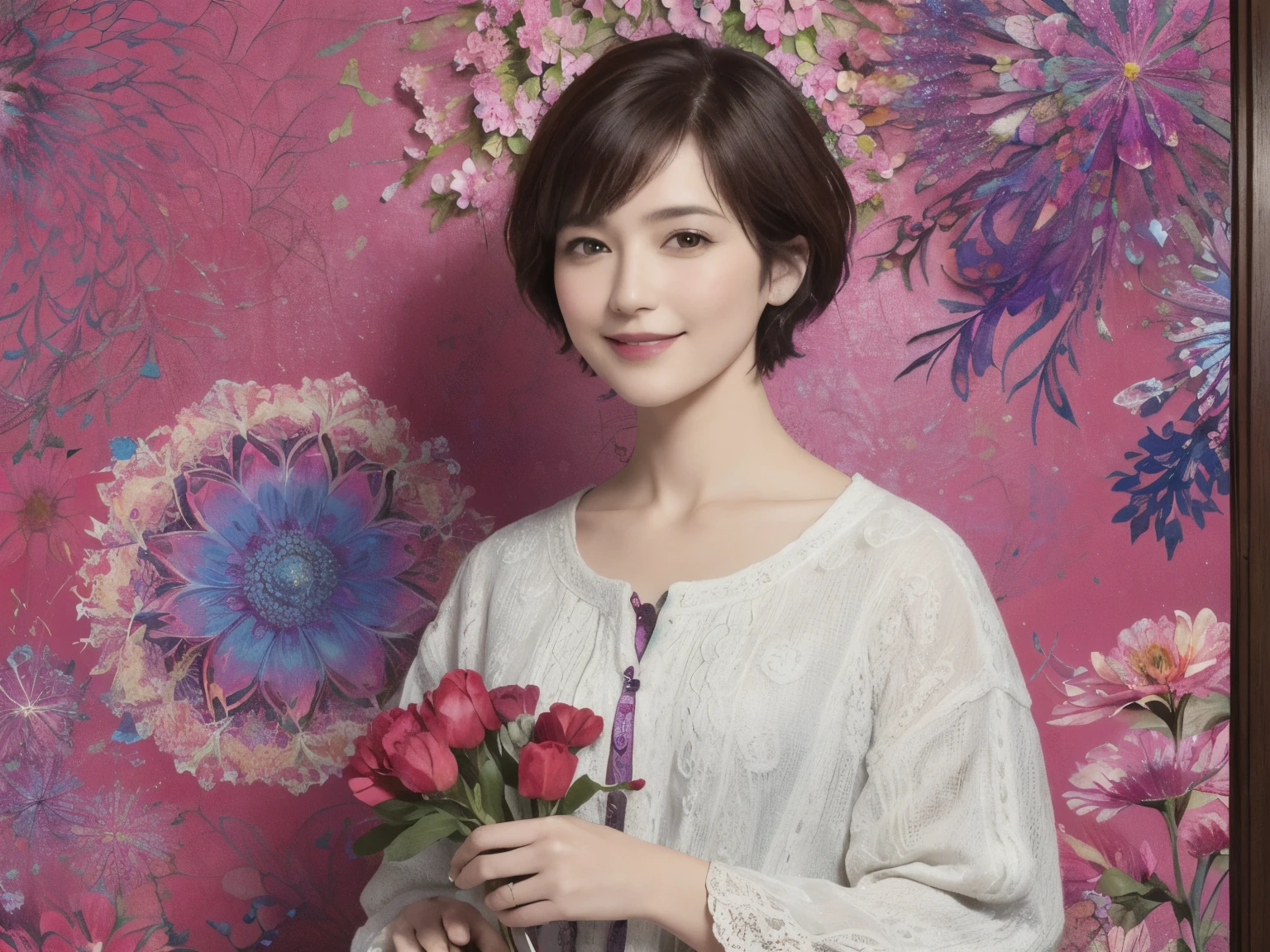 271 (20-year-old woman,short hair), (masterpiece, Highest quality, beautiful:1.2), Very detailed, (Fractal Art:1.1), (colorful:1.1), (flower:1.3), whole body, (Abstract background:1.3), (Many colors:1.4), (Old-fashioned smile), (window)