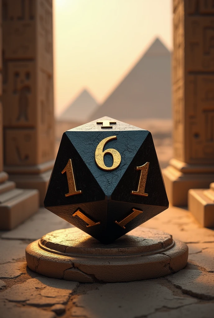 "A dice facing the only numbers 6 and 1. In Egyptian back ground". In 4k for wallpaper in black and gold colour . The dice must will be face only 2 sides