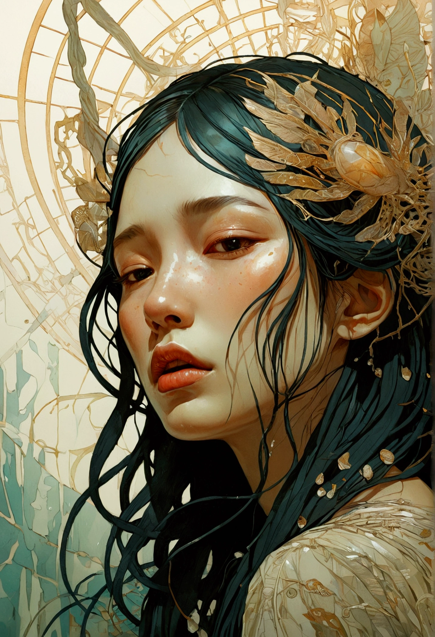 Anguish, pain, babe goddess. Dream captured in intricate fashion, nightmares, detailed fringe background, hyperdetailed; magic vision boosts, realism; incredible composition; dynamic lighting; meticulously composed, concept art, interesting, fascinating composition, masterpiece, Splash art, Speaking vanilla, digital illustration, victo ngai, carne griffiths, Reflections, cell-shaded, Volumetric lighting, beautiful texture