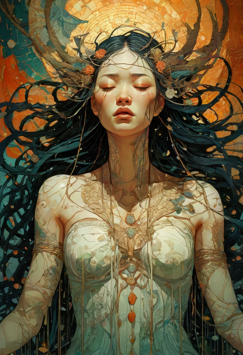 Anguish, pain, babe goddess. Dream captured in intricate fashion, nightmares, detailed fringe background, hyperdetailed; magic vision boosts, realism; incredible composition; dynamic lighting; meticulously composed, concept art, interesting, fascinating composition, masterpiece, Splash art, Speaking vanilla, digital illustration, victo ngai, carne griffiths, Reflections, cell-shaded, Volumetric lighting, beautiful texture