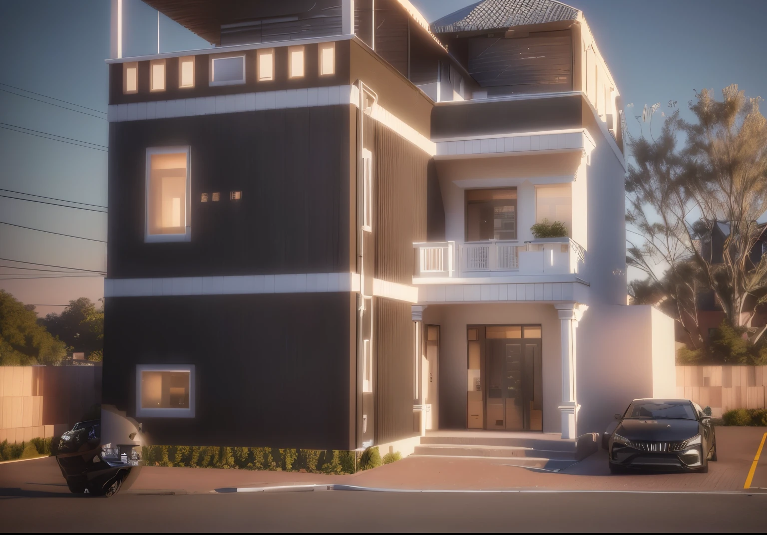 a rendering of a two story house with a car parked in front, front elevation view, frontview, front view, elevation view, front-view, hihgly detailed, vue 3d render, exterior design, in style of ultra realistic, architectural 3 d render, architectural rendering, mid-view, high detail render, highly rendered!!, front side view