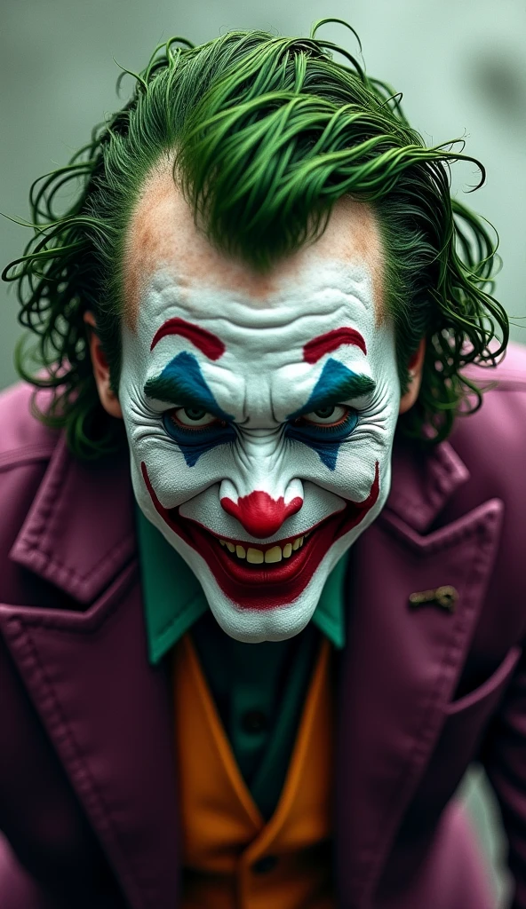 (8k, photo brute, best quality, head of&#39;artwork:1.2), ultra detailed, art officiel, photo-realistic:1.37, tir du haut du corps, DC Joker, grain de film, pose d&#39;action comic style
