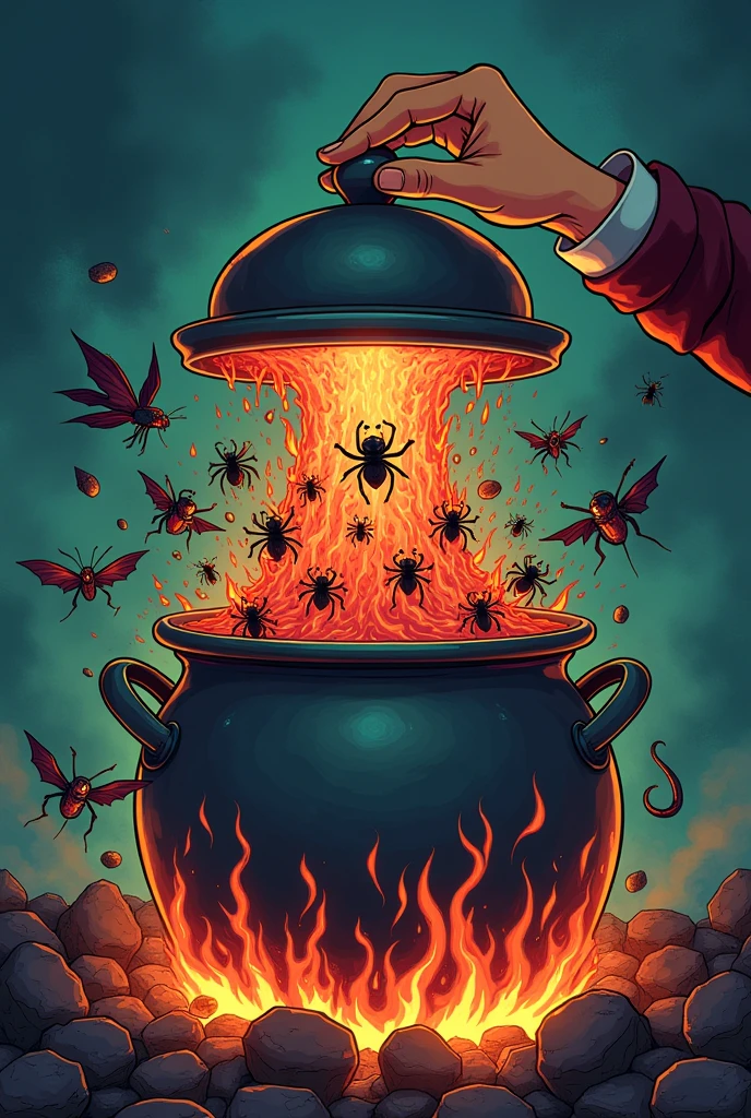 Cartoon of a pot on the fire where a hand is lifting the lid and rats emerge, Snakes, Spiders, bats and many more insects, making an analogy that corruption and various crimes are uncovered, without background image.