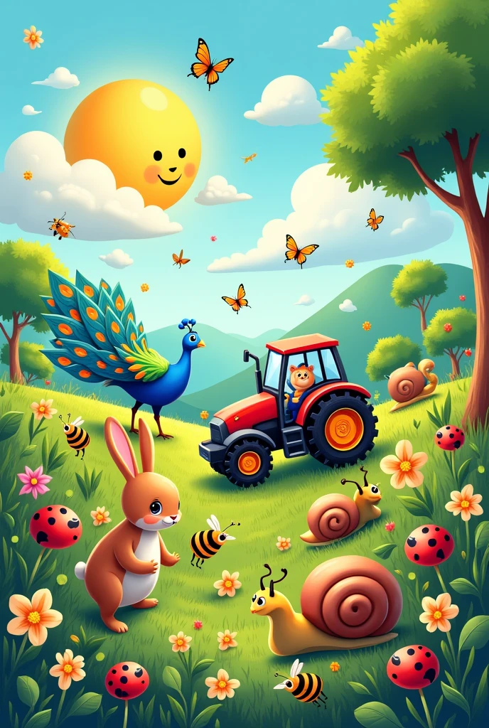 Animated image of many animals in spring to print on a t-shirt, that also has a tractor, a sun with a smiley face, mariposa, ladybugs , grasshopper , Peacock,snail,Bees, rabbit, grasshopper 