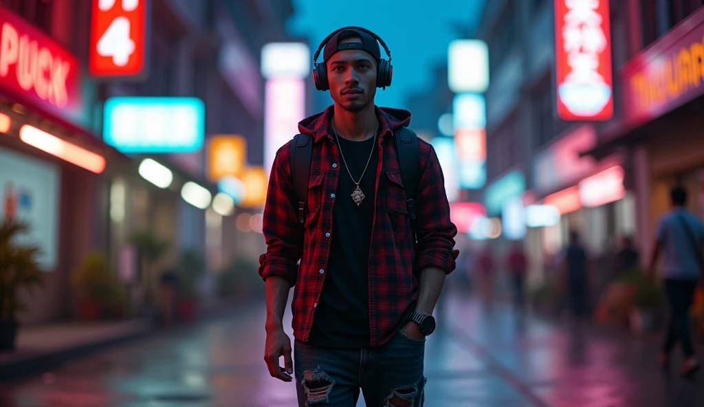 Hyper  realistic, a 28 year old Indonesia man walking on the neon cyberpunk street, ideal body, look straight ahead, wearing dark red flannel shirt and dark ripped jeans pants and black hiking hi-shoes with black backward trucker hat, wear dark leather backpack, wear headphone, masculine photoshoot pose, arrogant man expression, romantic, Bandung night town as background. Use soft photography lighting. top lighting. top lighting, slide lighting, high quality photos, UHD, 64k. shot with Canon EOS 5D Mark IV, cinematic portrait, Realistic face, not changing face, no mustache, Real photo, unchanging face, background change. Real Picture 8k ultra, man, gamer, hyper detailed, sharp focus, studio photo, intricate details, highly detailed, photo real, bright colors, digital graphics, unreal engine, blender art, perfect composition, octane rendering, masterpiece, sharp focus, high detail, art station, concept art, perfect composition, a model of ultra-high quality and clarity, perfect play of light and shadow, 32k UHD, hyper-detailing, complex artistic masterpiece, ((best quality)), ((masterpiece)), (detailed), perfect face