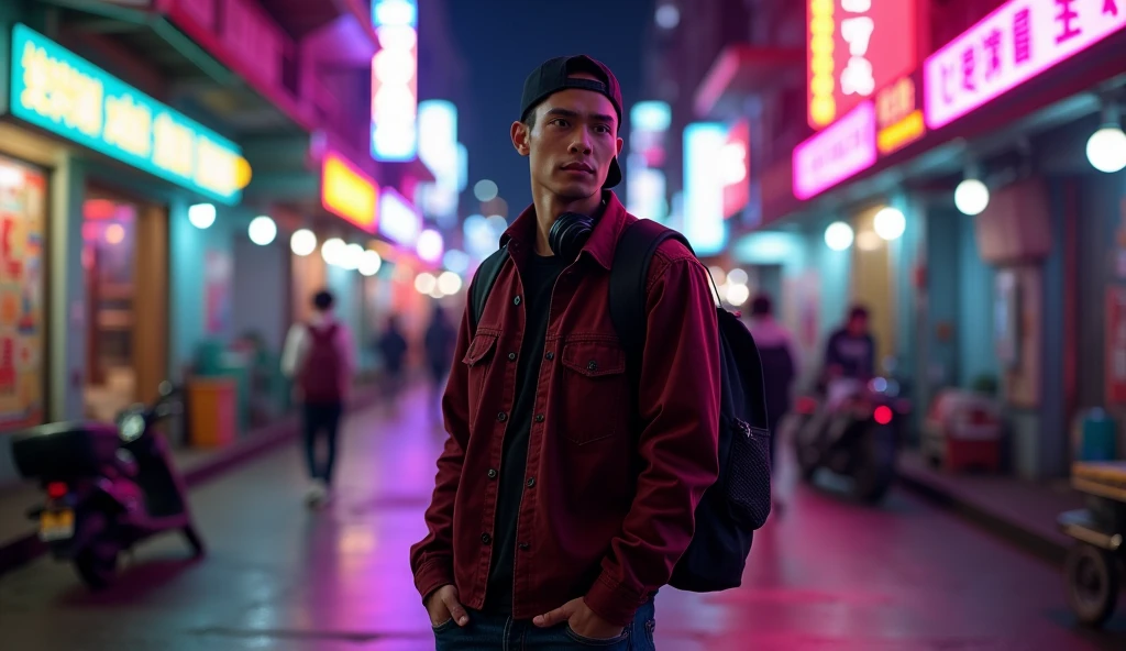 Hyper realistic, a 28 year old Indonesia man walking on the neon cyberpunk street, ideal body, look straight ahead, wearing dark red flannel shirt and dark ripped jeans pants and black hiking hi-shoes with black backward trucker hat, wear dark leather backpack, wear headphone, masculine photoshoot pose, arrogant man expression, romantic, Bandung night town as background. Use soft photography lighting. top lighting. top lighting, slide lighting, high quality photos, UHD, 64k. shot with Canon EOS 5D Mark IV, cinematic portrait, Realistic face, not changing face, no mustache, Real photo, unchanging face, background change. Real Picture 8k ultra, man, gamer, hyper detailed, sharp focus, studio photo, intricate details, highly detailed, photo real, bright colors, digital graphics, unreal engine, blender art, perfect composition, octane rendering, masterpiece, sharp focus, high detail, art station, concept art, perfect composition, a model of ultra-high quality and clarity, perfect play of light and shadow, 32k UHD, hyper-detailing, complex artistic masterpiece, ((best quality)), ((masterpiece)), (detailed), perfect face