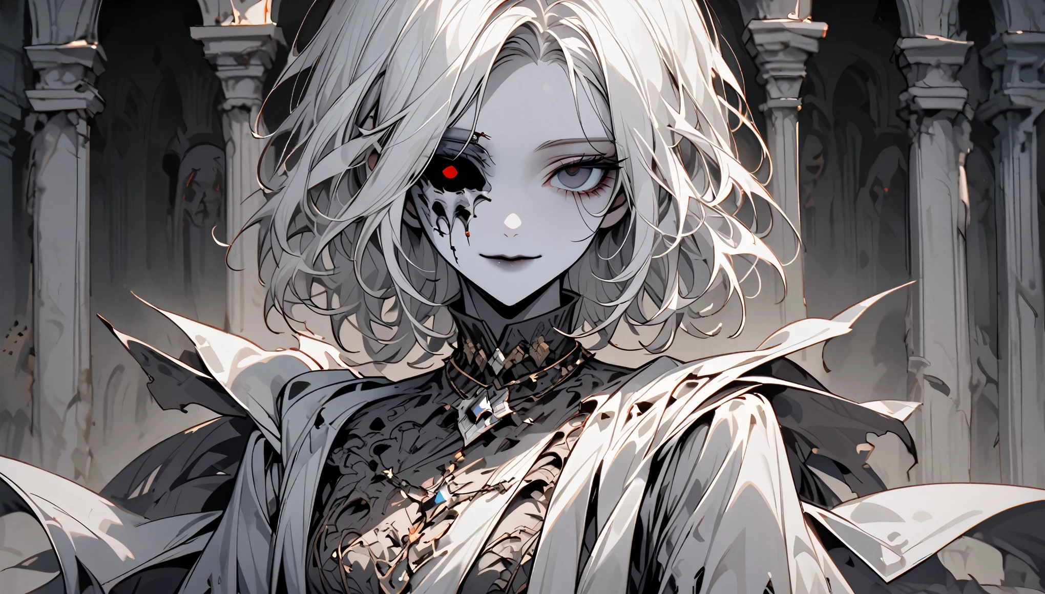 solo, female, grey skin, long white hair, silver brooch, dry body:1.2, empty eye sockets, eyeless, decayed body, gentle smile, face, pinup pose, dressed in royal rags, graceful, close up, crypt, dark