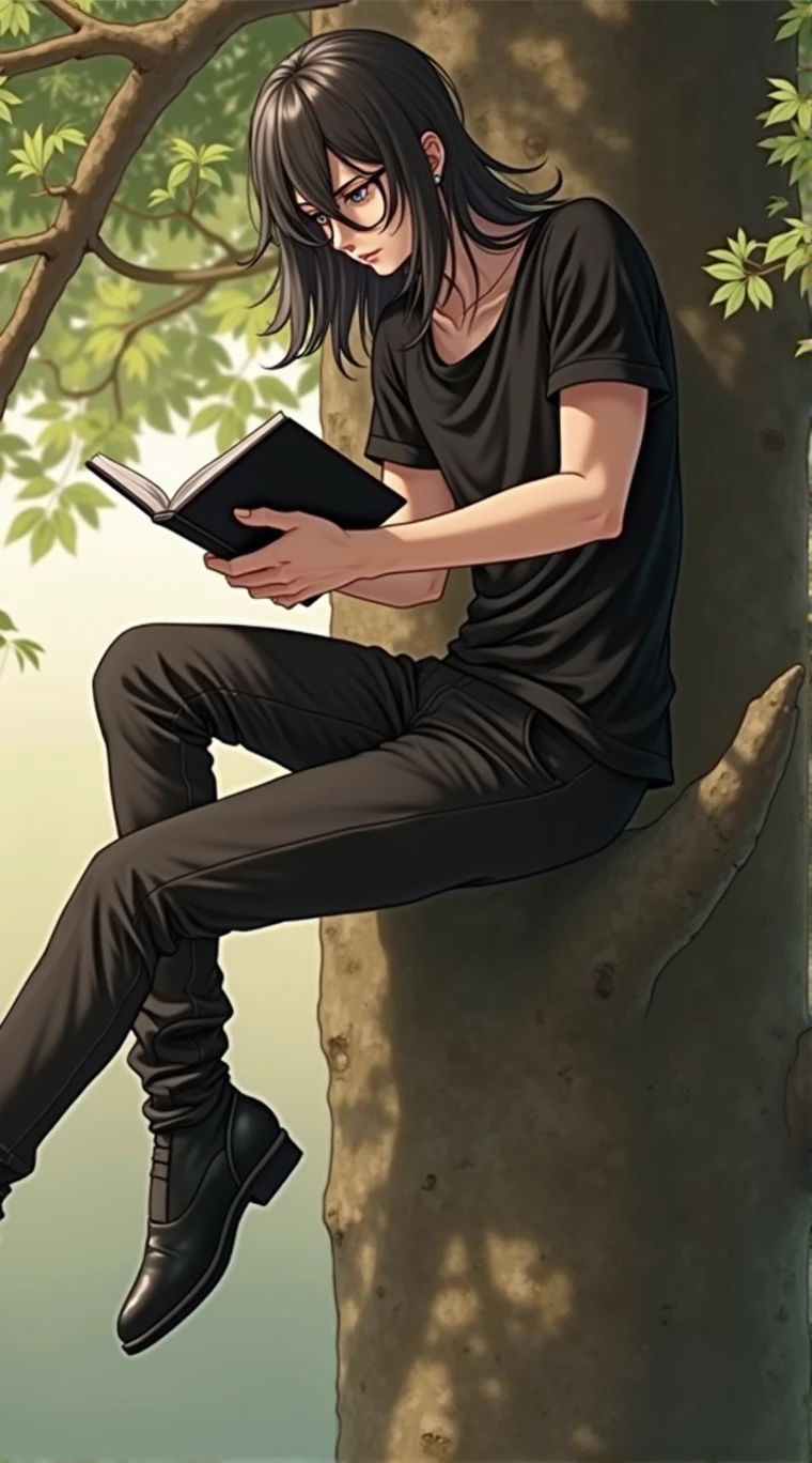 Guy long black hair, sitting on a tree, A notebook in his hands, very sad ,grey eyes, Beautiful skinny body, Beautiful face, black T-shirt, black trousers, black boots, anime art, masterpiece, realistically