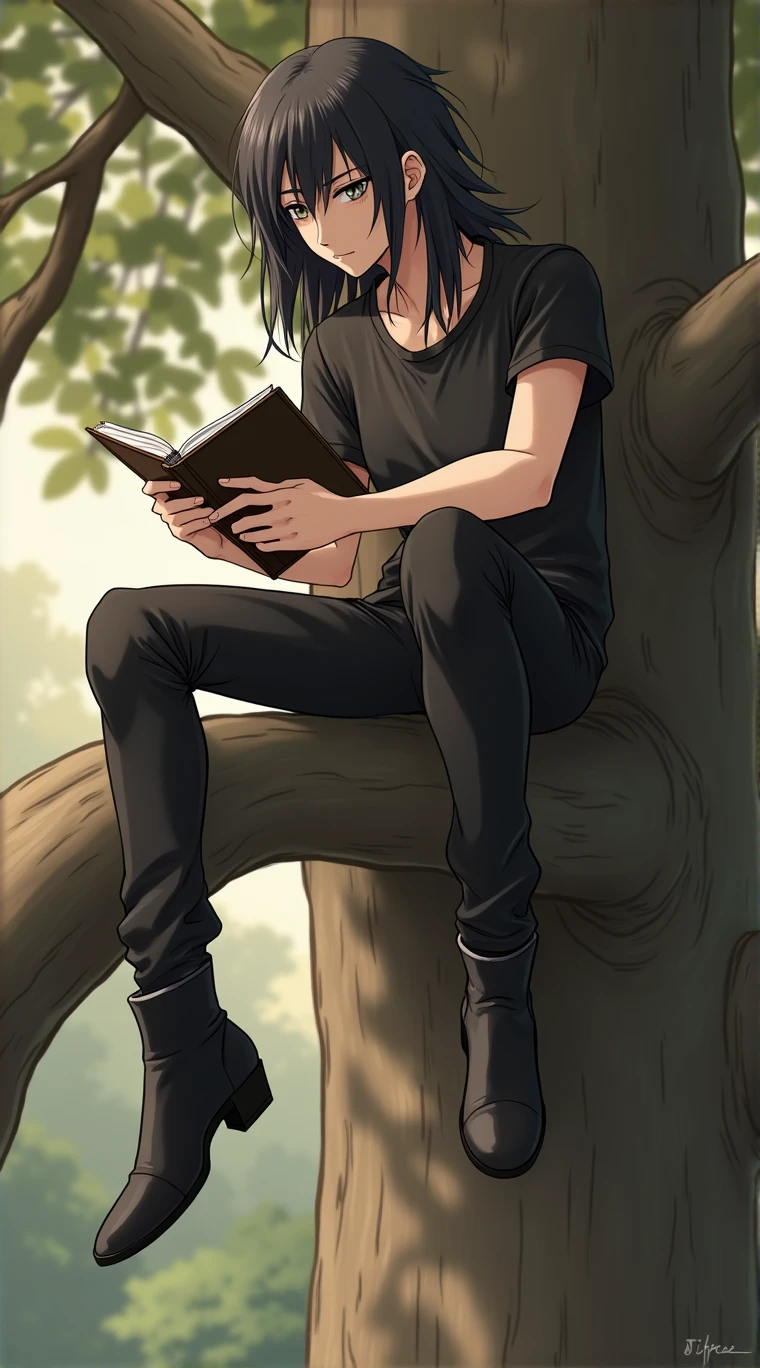 Guy long black hair, sitting on a tree, A notebook in his hands, very sad ,grey eyes, Beautiful skinny body, Beautiful face, black T-shirt, black trousers, black boots, anime art, masterpiece, realistically