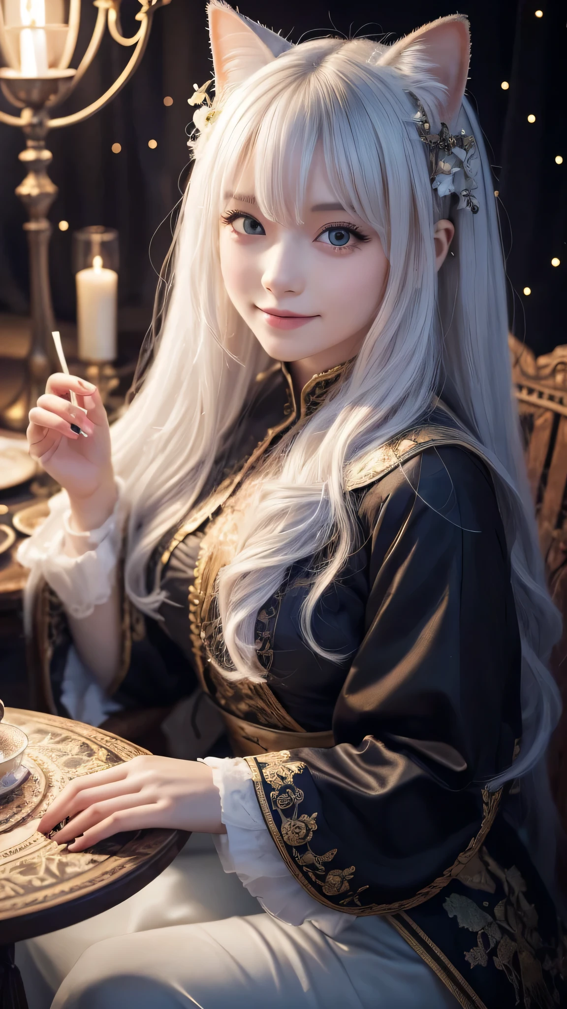 
(masterpiece, highest quality, highest quality, official art, beautiful and aesthetic: 1.2), (one girl: 1.3), wavy long hair, white hair, Cat ears on the head,highly detailed portrait, highly detailed hands, looking at the viewer, alone, (whole body: 0.6), detailed background, close, shining eyes, (cold arctic winter theme: 1.1), fortune teller, Charlatan, grin, Mysterious, sitting at the table, カラフルな肩のないゆるいジプシーfortune tellerの服, holy grail, tarot cards, Crystal jade, Medieval (inner tent: 1.1) background, tent curtain on background, dark Mysterious lighting, Shadow, magical atmosphere, starry night, dutch angle, healing and guidance, transcendental beauty, fractal art, Seaweed,