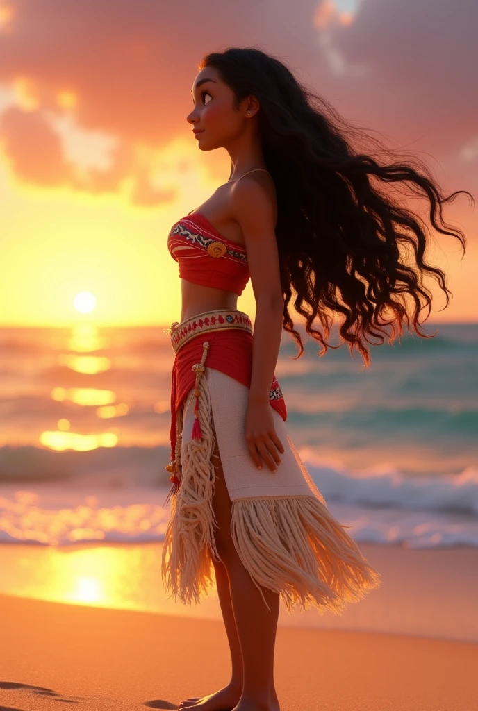 Moana stands on a picturesque beach with golden sand stretching beneath her feet and the azure ocean stretching out to the horizon. The sun is setting, casting a warm, golden glow across the scene. She is dressed in her traditional Polynesian attire, featuring a red top with intricate patterns and a white skirt adorned with geometric designs. Her long, dark hair flows freely in the gentle breeze. Moana gazes out toward the sea with determination and curiosity, embodying both the spirit of adventure and the deep connection she feels to her island and its heritage.