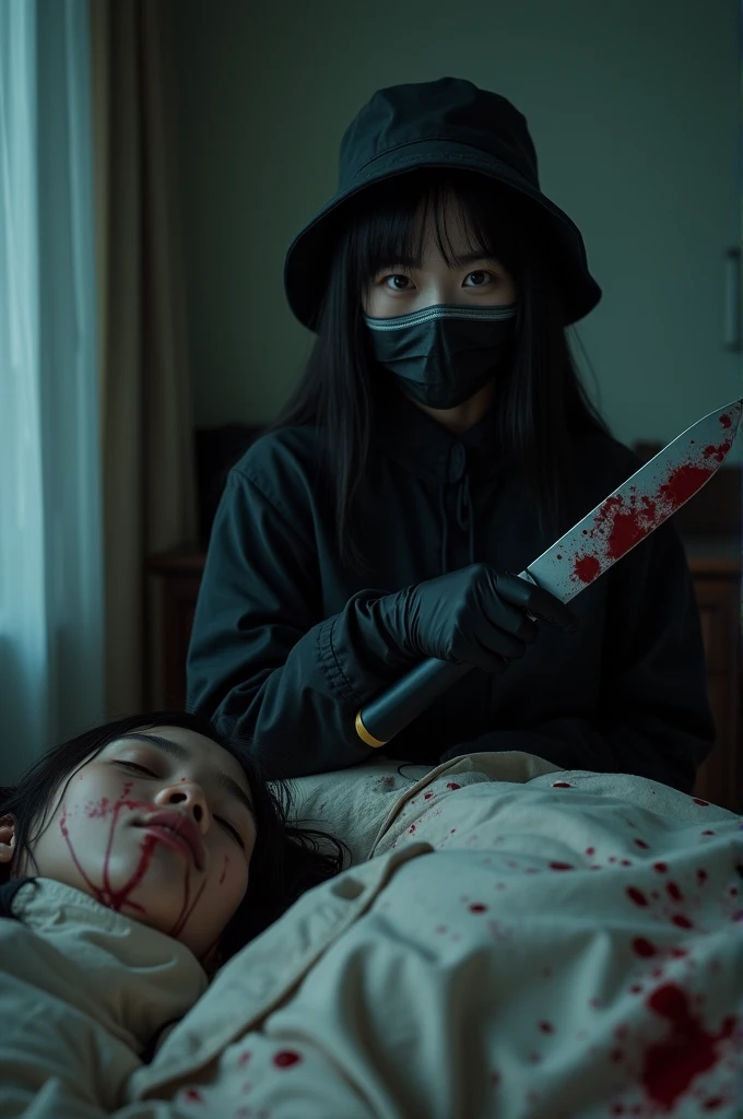 korean girl, (behind corpse, holding knife), black surgical mask, black gloves, room full of blood, black raincoat, bucket hat, holding knife, black gloves, woman on top, looking at viewer, behind corpse, blood splatter, on the bed, night, mass murderer, killer, long bangs, blood splatter, dark atmosphere, cinematic lighting, atmospheric realistic, close-up, take a photo with her smartphone