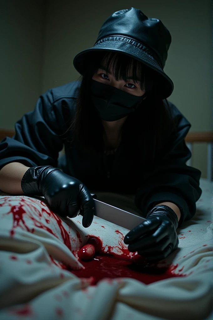 korean girl, (behind corpse, holding knife), black surgical mask, black gloves, room full of blood, black raincoat, bucket hat, holding knife, black gloves, woman on top, looking at viewer, behind corpse, blood splatter, on the bed, night, mass murderer, killer, long bangs, blood splatter, dark atmosphere, cinematic lighting, atmospheric realistic, close-up, take a photo with her smartphone
