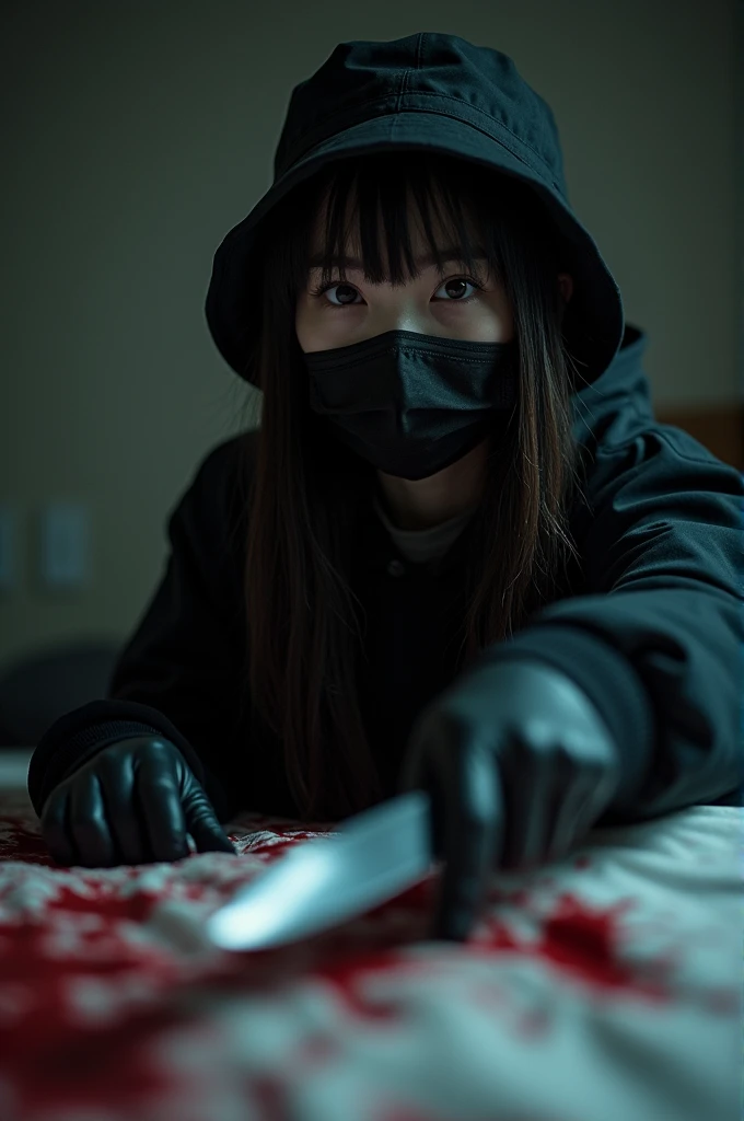 korean girl, (behind corpse, holding knife), black surgical mask, black gloves, room full of blood, black raincoat, bucket hat, holding knife, black gloves, woman on top, looking at viewer, behind corpse, blood splatter, on the bed, night, mass murderer, killer, long bangs, blood splatter, dark atmosphere, cinematic lighting, atmospheric realistic, close-up, take a photo with her smartphone