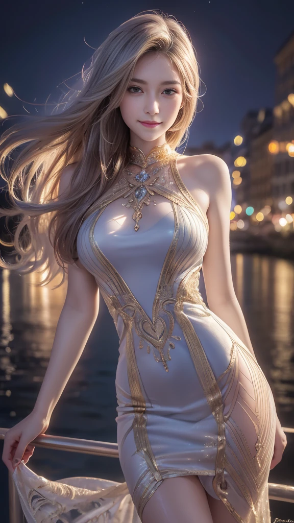 Body portrait, 8K, Slender beautiful eyes, Tyndall effect, masterpiece, Top quality, high quality, high resolution, Very detailed photos, (Natural skin texture, Delicate skin, Surrealism, Super sharp), High Detail Skin, (very good, Delicate skin texture, Intricate details, Pretty Face, Realistic face, Realistic eyes, Beautifully detailed eyes, Realistic skin, Beautiful Skin, Surrealism, Very detailed golden ratio, Smiling eyes, Night moonlight background, Body portrait, Glamorous, Sexy knitted dress,