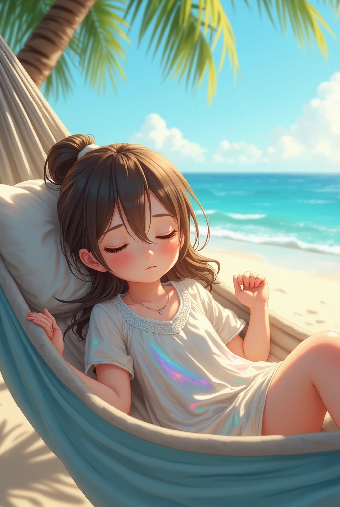 13 year old, pretty girl sleeping on the beach in a hammock, brunette long hair in ponytail , wince, long eyelashes, solid circle eyes, shiny clothes,