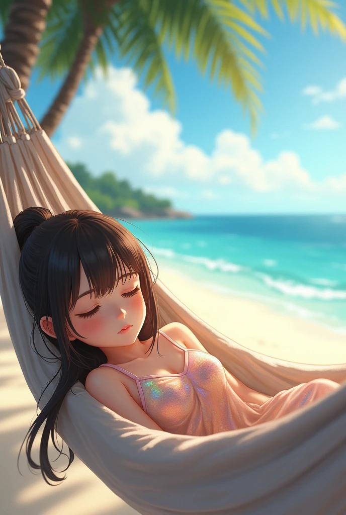 13 year old, pretty girl sleeping on the beach in a hammock, brunette long hair in ponytail , wince, long eyelashes, solid circle eyes, shiny clothes,