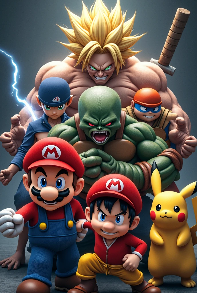 Super Mario, ein Super Sajajin, Raffael from the Ninja Turtles, monkey D.Ruffy, Pikachu as a group photo with a dark background in attack poses, no crossover
