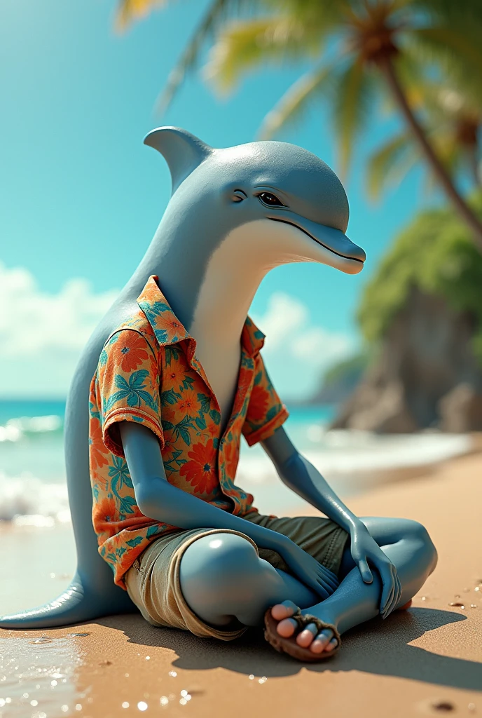 Dolphin with a human body and wearing beach clothes.
