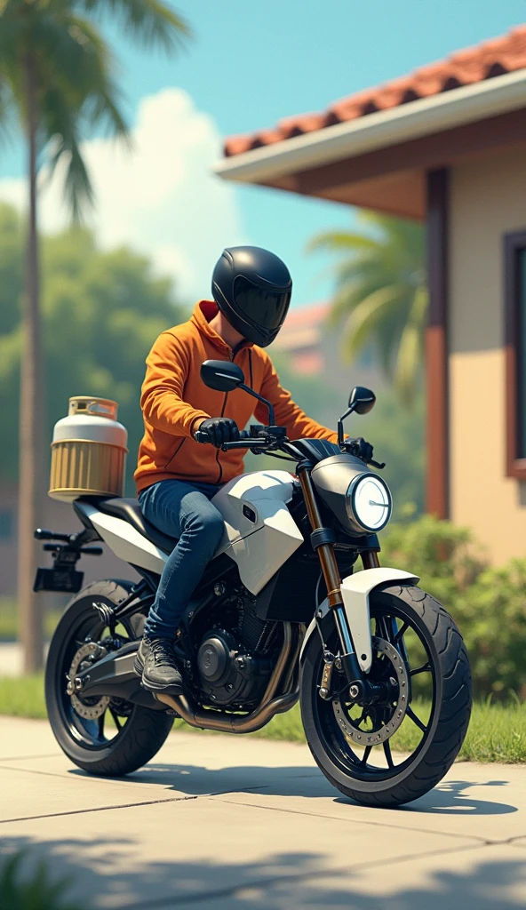 The linear motorcycle arrives at a house. The driver delivers the gas cylinder with kindness.