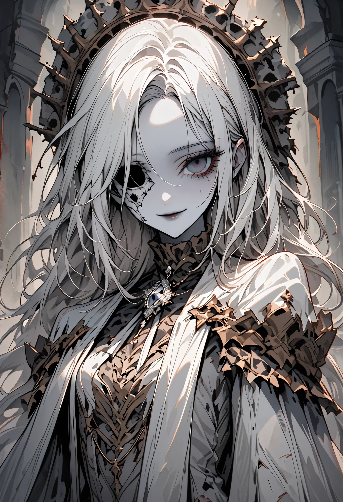 solo, female, grey skin, long white hair, silver brooch, dry body:1.2, empty sockets:1.5, no eyes, decayed body, SFW, smile, curtsey pose, dressed in rags, graceful, ancient, crypt, close up, her skeleton is visible through her skin, gore