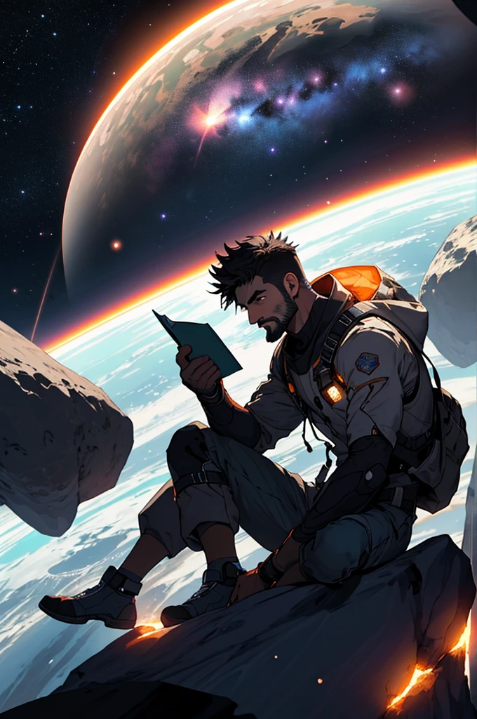 Drawing a young programmer, Sitting on a floating research platform in the middle of an asteroid belt. He is studying using a notebook, Surrounded by several asteroids that emit a fiery aura. Dramatic light from distant stars and planets illuminates the scene, Cast a deep shadow on the suit. Young people seem confident and determined, Gaze with wonder and reverence at the vast and mysterious universe,Facial hair, Cowboy Shot,