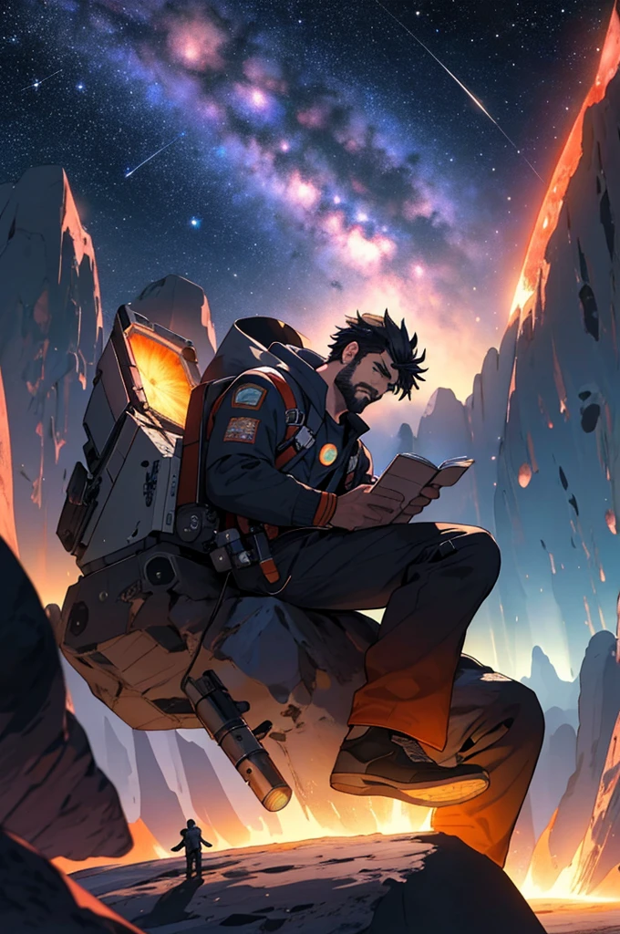 Drawing a young programmer, Sitting on a floating research platform in the middle of an asteroid belt. He is studying using a notebook, Surrounded by several asteroids that emit a fiery aura. Dramatic light from distant stars and planets illuminates the scene, Cast a deep shadow on the suit. Young people seem confident and determined, Gaze with wonder and reverence at the vast and mysterious universe,Facial hair, Cowboy Shot,