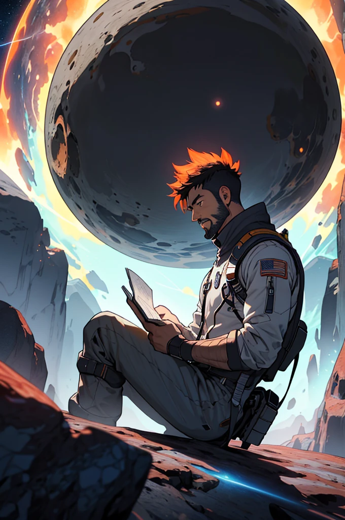Drawing a young programmer, Sitting on a floating research platform in the middle of an asteroid belt. He is studying using a notebook, Surrounded by several asteroids that emit a fiery aura. Dramatic light from distant stars and planets illuminates the scene, Cast a deep shadow on the suit. Young people seem confident and determined, Gaze with wonder and reverence at the vast and mysterious universe,Facial hair, Cowboy Shot,