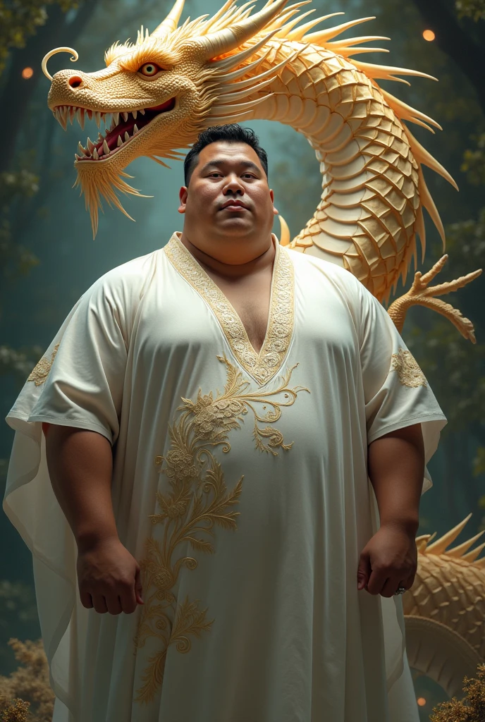A fierce chubby filipino human wearing white barong tagalog with a dragon surrounding him