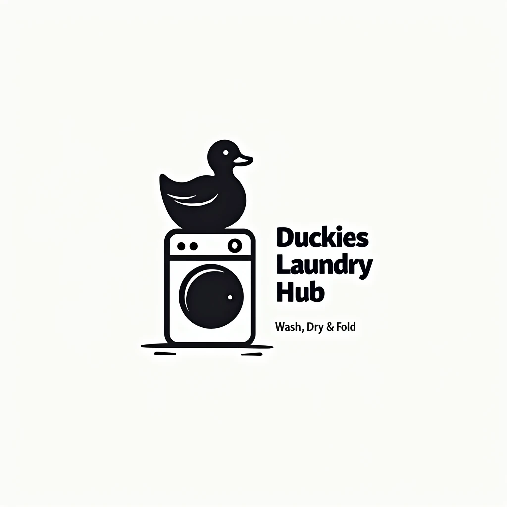 Simple logo of black duck on top of Washing Machine, Put a captionthe the right "Duckies Laundry Hub" With bigger text size and below it put a caption "Wash, Dry & Fold"