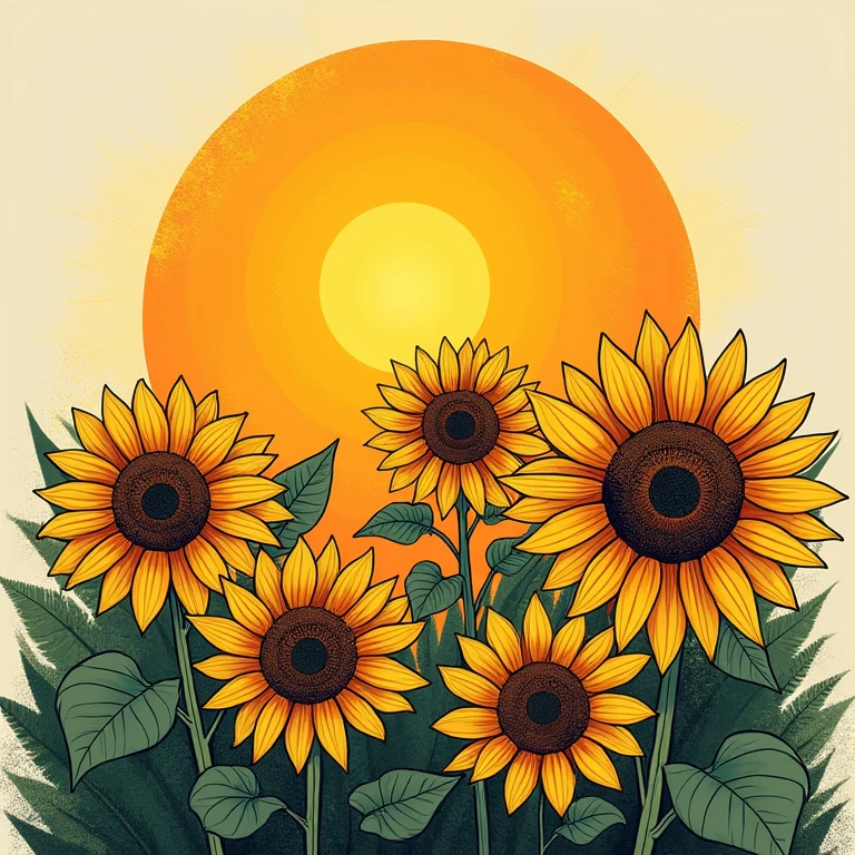 Beautiful sunflower illustration Handwritten style Fantasy under the sun American Pop