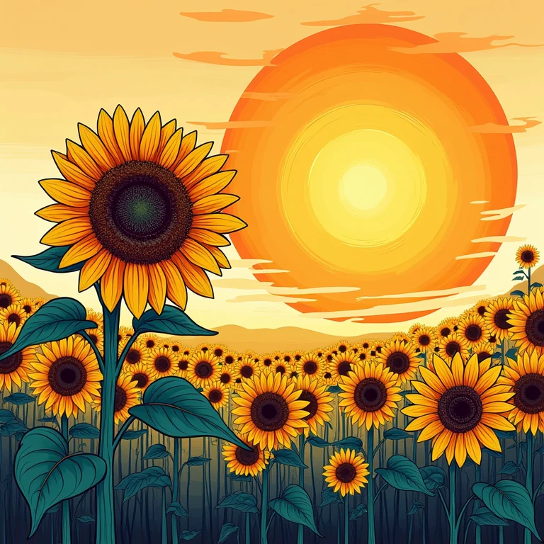 Beautiful sunflower illustration Handwritten style Fantasy under the sun American Pop