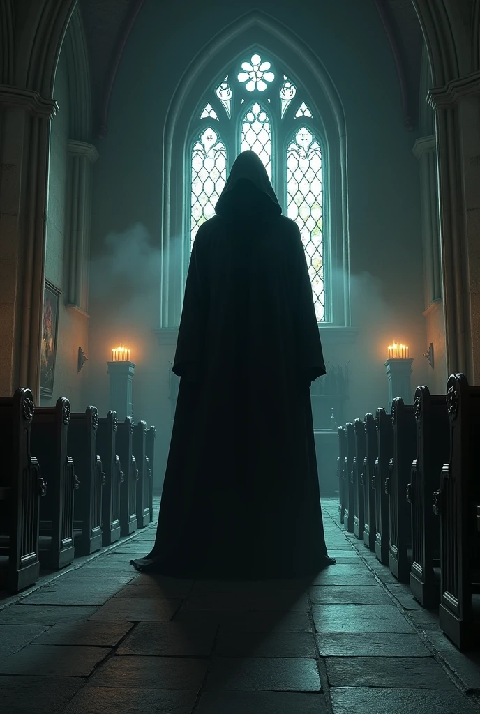 suspicious dark father hidden inside a macabre church