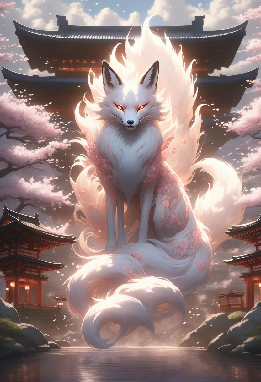 Create a digital artwork that captures the mystical and enchanting presence of a Kitsune in an ancient Japanese setting. The Kitsune should be depicted partially transformed, with its fox form showing multiple tails and a magical aura, while also appearing as a beautiful woman.

The setting should be a serene, traditional Japanese village or shrine, surrounded by cherry blossom trees in full bloom and lantern-lit pathways. The sky should be a twilight blend of deep purples and soft pinks, with moonlight filtering through the cherry blossoms, creating a dreamlike atmosphere.

Focus on hyper-detailed textures, such as the Kitsune’s shimmering tails, the intricate patterns of its kimono, and the glowing orbs of foxfire surrounding it. The cherry blossom petals and traditional Japanese architecture should be rendered realistically, with dynamic lighting and shadows enhancing the overall enchantment of the scene. The atmosphere should evoke a sense of timeless beauty and supernatural elegance.

Render the entire scene in super-realistic, hyper-detailed 4k resolution, ensuring that every element, from the Kitsune’s transformation to the serene ancient Japanese environment, contributes to the overall sense of mystical allure and cultural richness. cinematic lighting, strong contrast, high level of detail, best quality, masterpiece, Extremely high-resolution details, photographic, realism pushed to extreme, fine texture, incredibly lifelike