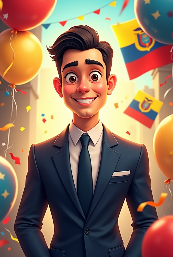 Create a birthday image to celebrate an Ecuadorian chancellor of approximately 30 years old. The design should include elements that represent Ecuador, like the national colors, the official flag and symbols . The image should show an animated avatar that reflects the approximate age, focusing on the role of the chancellor in an elegant way, while the phrase Happy Birthday appears. It is important to emphasize that it should not be a realistic human figure.. is a man