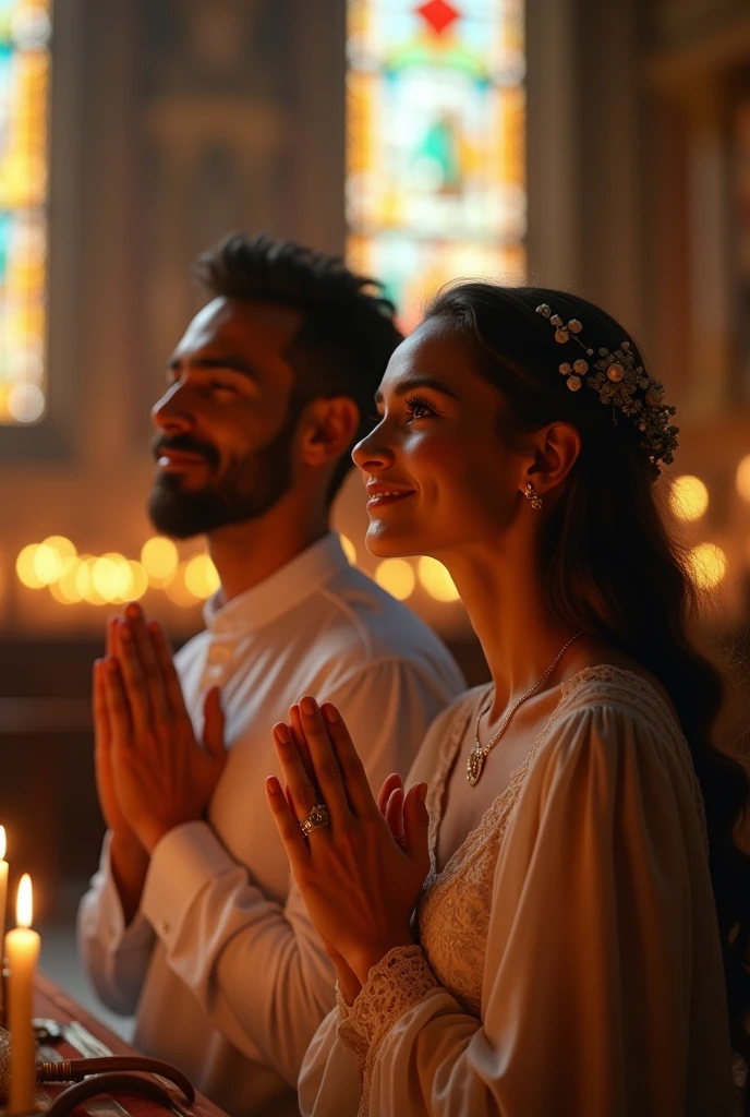 A couple praying to God, happy faces, intricate details, photorealistic, dramatic lighting, warm color tones, cinematic composition, (best quality,4k,8k,highres,masterpiece:1.2),ultra-detailed,(realistic,photorealistic,photo-realistic:1.37),natural skin tones, beautiful detailed eyes,beautiful detailed lips,extremely detailed eyes and face,longeyelashes,elegant poses,serene atmosphere,religious setting,ornate architecture,stained glass windows,candles,divine light,spiritual essence