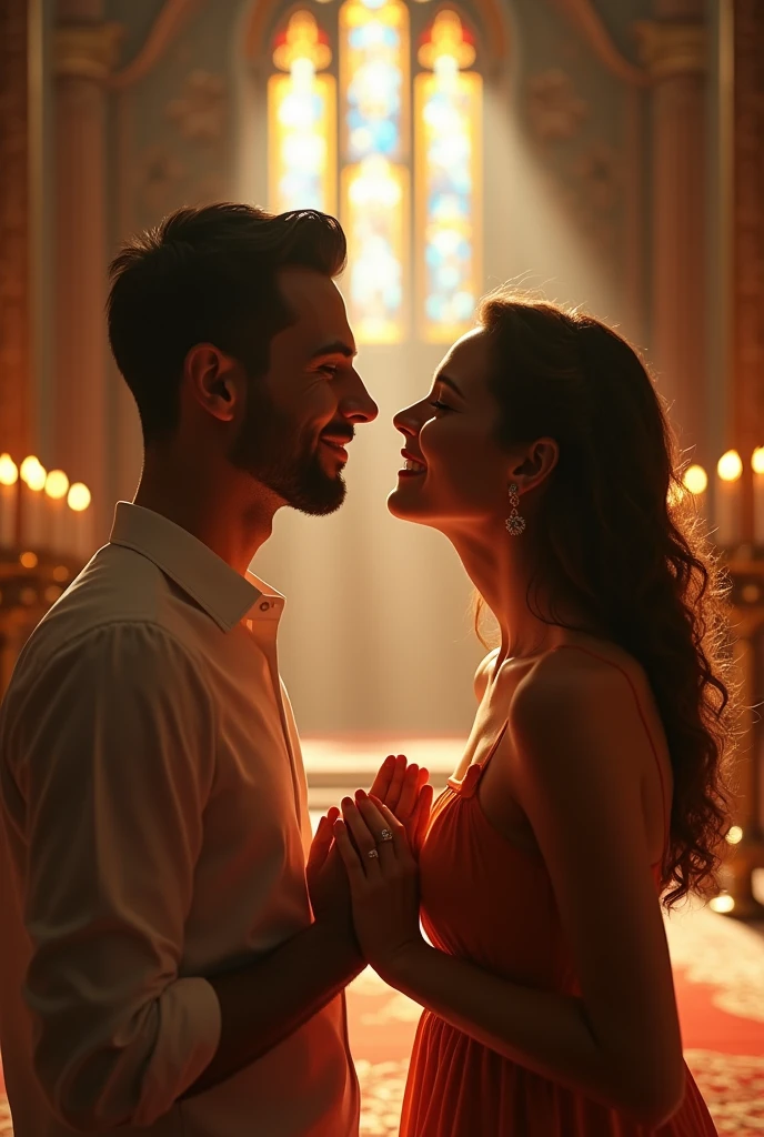 A couple praying to God, happy faces, intricate details, photorealistic, dramatic lighting, warm color tones, cinematic composition, (best quality,4k,8k,highres,masterpiece:1.2),ultra-detailed,(realistic,photorealistic,photo-realistic:1.37),natural skin tones, beautiful detailed eyes,beautiful detailed lips,extremely detailed eyes and face,longeyelashes,elegant poses,serene atmosphere,religious setting,ornate architecture,stained glass windows,candles,divine light,spiritual essence