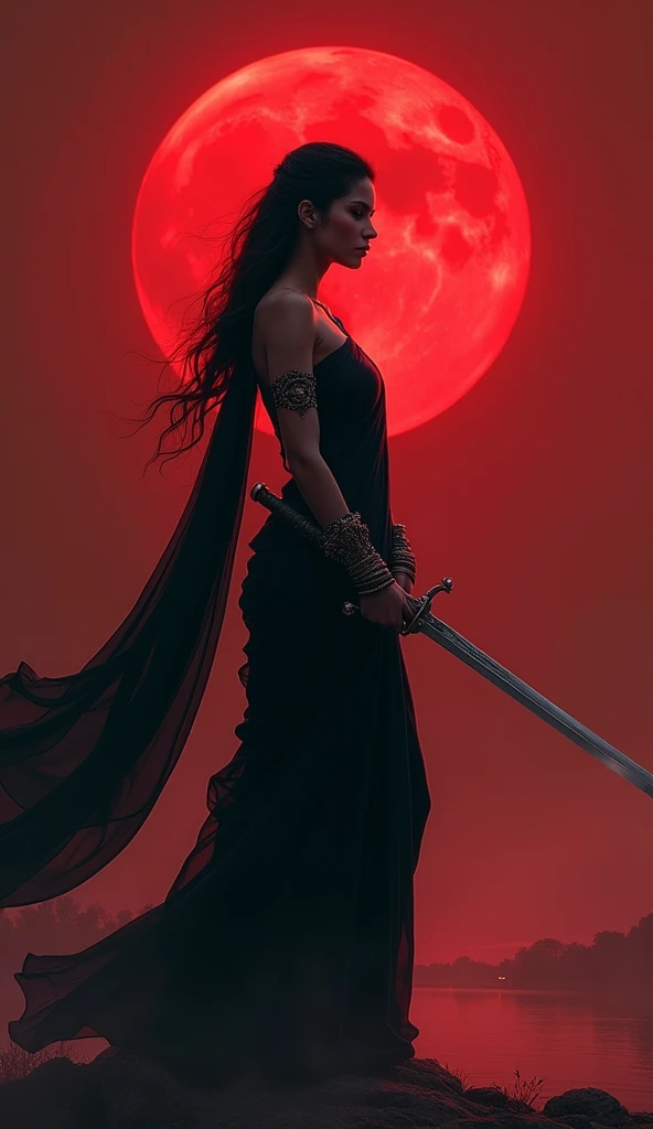 "Create an image of a lady wearing a flowing black saree, holding a sword with a poised and confident stance. The scene is set under a red moonlit night sky, with the moon casting a soft red glow and creating dramatic shadows. The background features subtle hints of a serene red night landscape, enhancing the ethereal and powerful atmosphere of the scene."