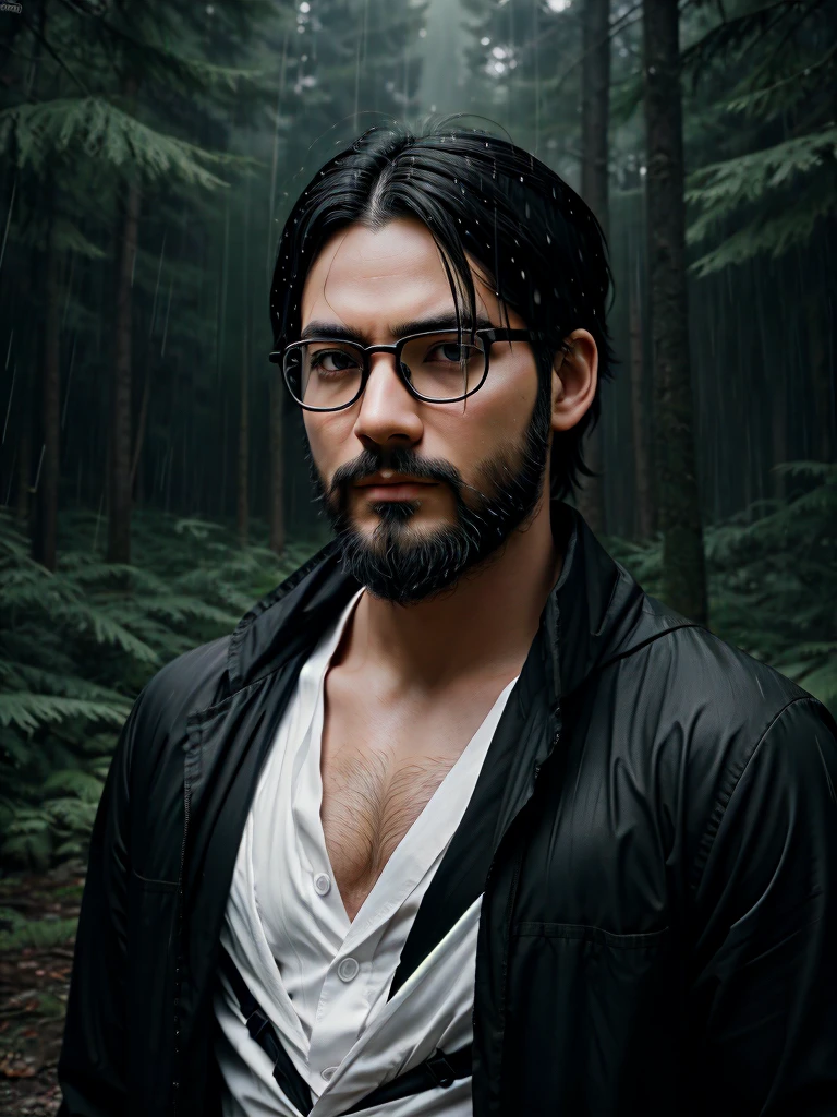 Anime man with black hair and fully beard and dark eyes around 1m wearing glasses circle ones with black and white dress under the forest with rain, black dark aura looking at the sky with sad face make it in 4k, HD, HIGH QUALITY, UHD, ULTRA HIGH QUALITY, as phone wallpaper