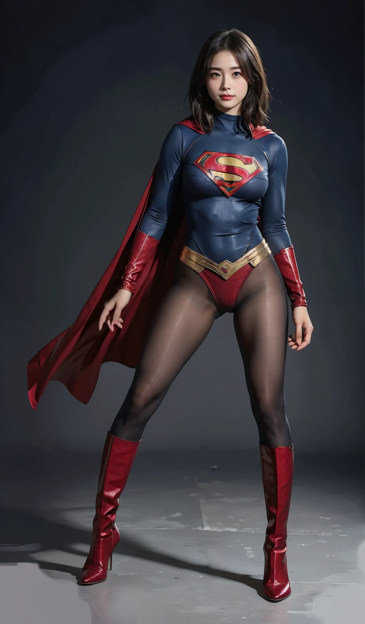 No background、(((Looking down、Looking down)))、(((Beautiful legs in black tights.)))、(((Legally express the beauty of your smile)))、((((Make the most of your original images)))、(((Supergirl Costume)))、(((Beautiful short bob hair)))、(((suffering)))、(((Please wear black tights....、Wear red boots)))、((Best image quality、8k))、((Highest quality、8k、masterpiece:1.3))、(((Preserve background )))、Sharp focus:1.2、Beautiful woman with perfect figure:1.4、Slim Abs:1.2、Wet body:1.5、Highly detailed face and skin texture、8k