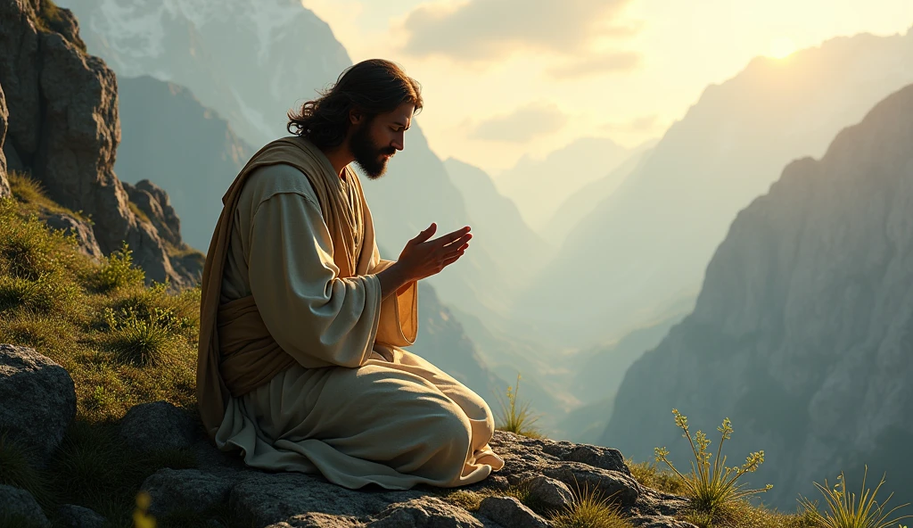 Realistic Jesus Christ praying in the morning in a mountain.