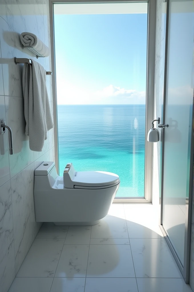 A toilet with a ocean view