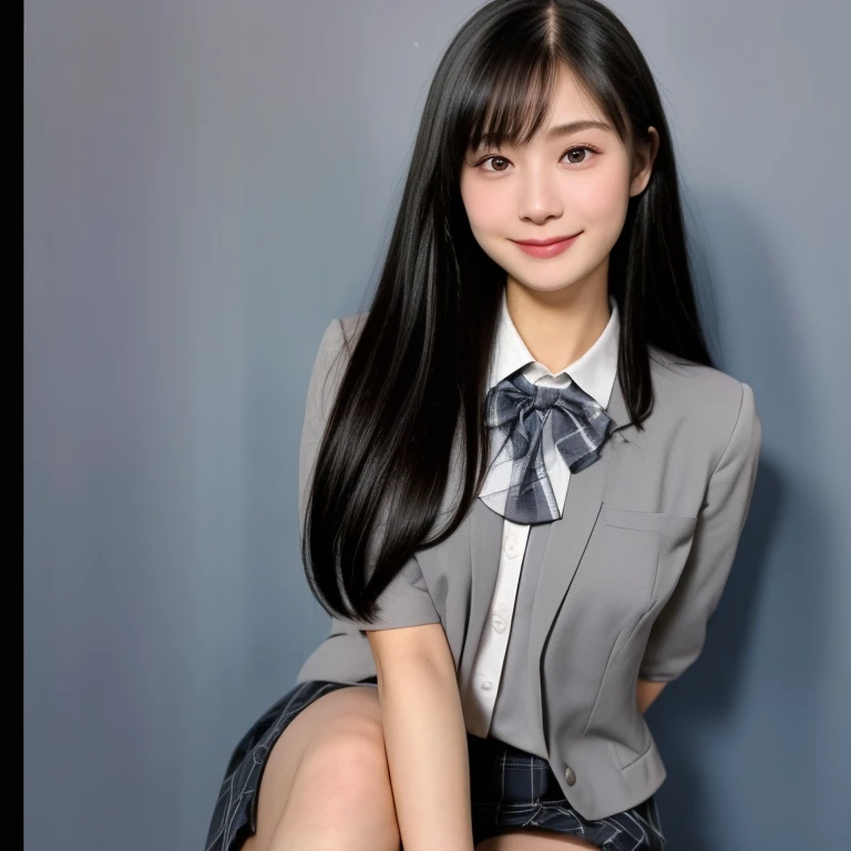 (kawaii 18 year-old Japanese girl, Nogizaka idol, Korean idol), healthy female athlete body, (glossy black hair, short hair, pixie cut, bangs:1.3), (rounded face, pure black eyes, single eyelid, no makeup, best smile:1.2), (wearing Japanese school uniforms, blazer jacket, collared shirt, bow tie:1.3), extra small breasts, (plaid skirt, bare thighs visible:1.3), BREAK, (simple grey background:1.3), (random posing, dynamic angle, cowboy shot, thigh focus:1.2), BREAK, (masterpiece, best quality, photo realistic, official art:1.4), (UHD, 8K quality wallpaper, high resolution, raw photo, golden ratio:1.3), (shiny skin), professional lighting, physically based rendering, award winning, (highly detailed skin, extremely detailed face and eyes, anatomically correct body), Carl Zeiss 85 mm F/1.4, depth of field, 1girl, solo,