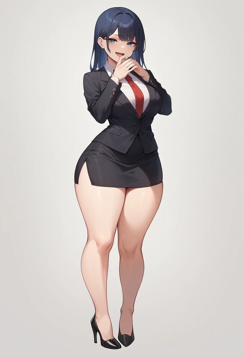 1adult woman, solo, long straight hair, hair bangs, standing, dark blue hair,black blazer, white shirt, red tie, black pencil skirt, busty, thick thighs, wide hips, big soft thighs, shapely legs, black high heels, full body shown, white background,simple eyes, long fingernails, thick thighs pressed together, smug face, smug, smirk, teasing, blue eyes, entire body shown,one hand covering mouth , half-lidded eyes, open mouth
