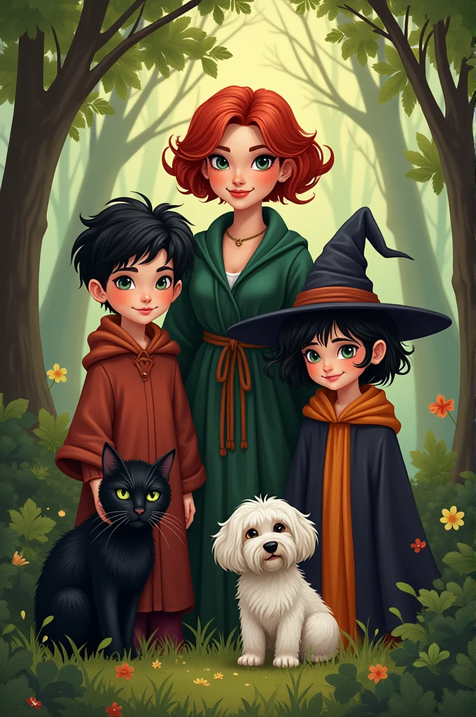 A family of three, a black cat and a white dog. They must represent a beautiful witch with short reddish hair,  an older son with black hair and a black-haired daughter wearing a witch's hat and a young son who is a wizard. Place them in a place surrounded by nature. It must have a black cat with green eyes and a small, shaggy white dog