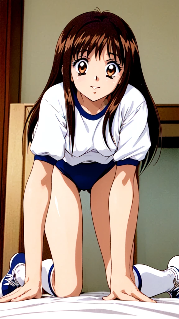 Yuuki Mizuho, One person, alone, Long Hair, hair band, Brown Hair, (gym uniform,(blue brown:1.2), (white shirt, short sleeves:1.2), thighs:1.3),(navel:1.3),(cameltoe:1.1),large breasts, It's not a leotard., Open your mouth, blush, Lips parted, liar, locker room, On the bed,(On all fours,On all foursになって), To the audience, From below, retro artstyle,White knee socks, sneakers, 1990s (style), expensive quality, very_expensive_solve, big_file size, Full Color, nsfw, (Accurate fingertips, Browse 4, Thumb 1), gravure,