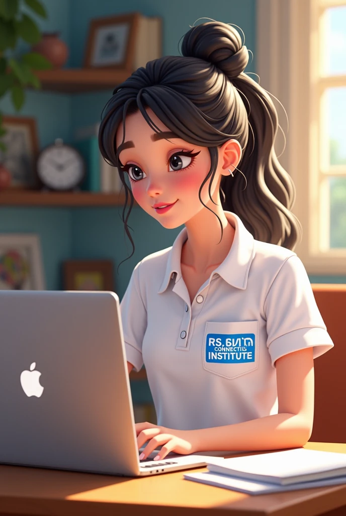 Disney girl wearing a white polo shirt, sitting with her computer( complete macbook) studying languages virtually
In the shirt pocket it should say: INTERCONNECTED INSTITUTE, in blue letters