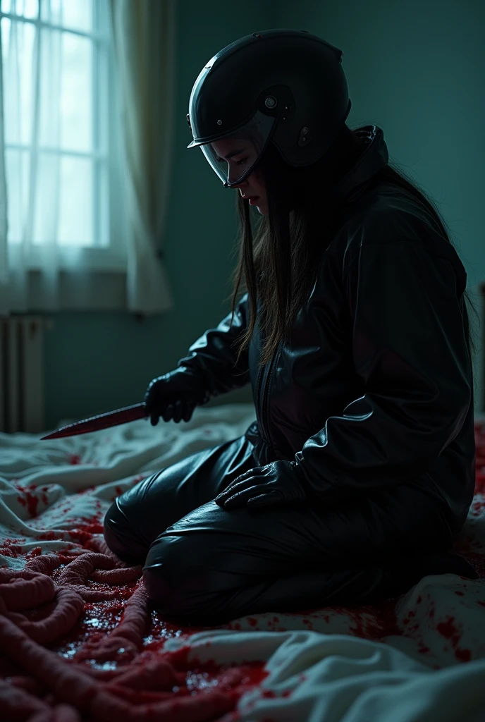 korean girl, (behind multiple corpse, black biker helmet), holding knife, stabbing, black gloves, room full of blood, black raincoat, plump girl, holding knife, black gloves, behind multiple corpse, blood splatter, 20 years old, bed room, black wet suit, night, mass murderer, killer, robbery, dark atmosphere, cinematic lighting, atmospheric realistic, light from the window, close-up,
