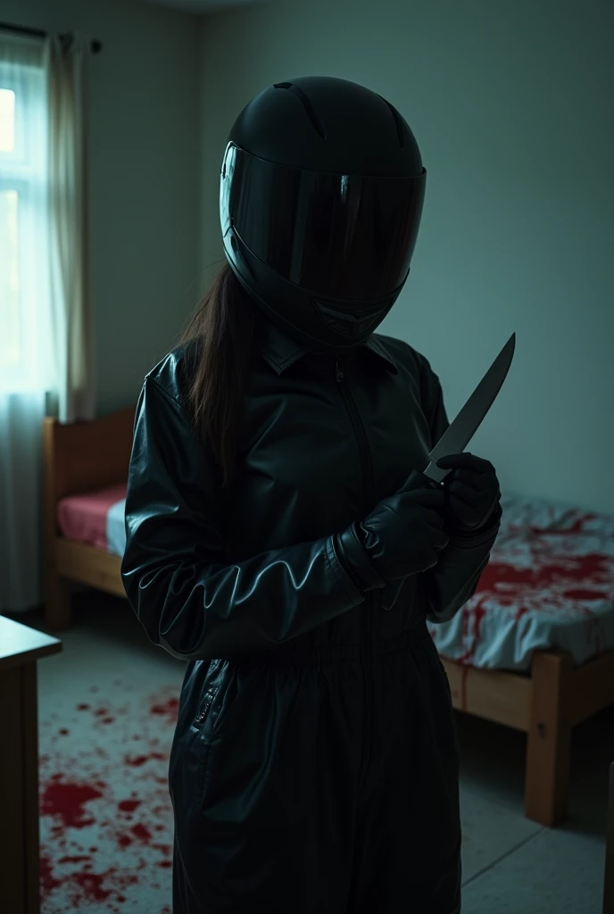 korean girl, (behind multiple corpse, black biker helmet), holding knife, stabbing, black gloves, room full of blood, black raincoat, plump girl, holding knife, black gloves, behind multiple corpse, blood splatter, 20 years old, bed room, black wet suit, night, mass murderer, killer, robbery, dark atmosphere, cinematic lighting, atmospheric realistic, light from the window, close-up,