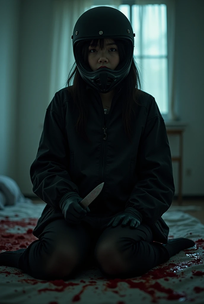 korean girl, (behind multiple corpse, black biker helmet), holding knife, stabbing, black gloves, room full of blood, black raincoat, plump girl, holding knife, black gloves, behind multiple corpse, blood splatter, 20 years old, bed room, black wet suit, night, mass murderer, killer, robbery, dark atmosphere, cinematic lighting, atmospheric realistic, light from the window, close-up,
